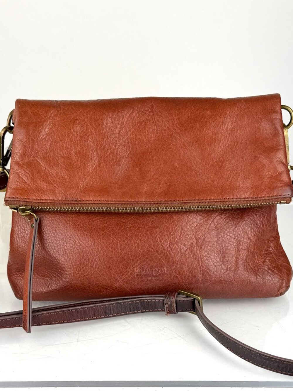 Margot New York Brown Genuine Leather Foldover Crossbody Bag Clutch 11 x 9